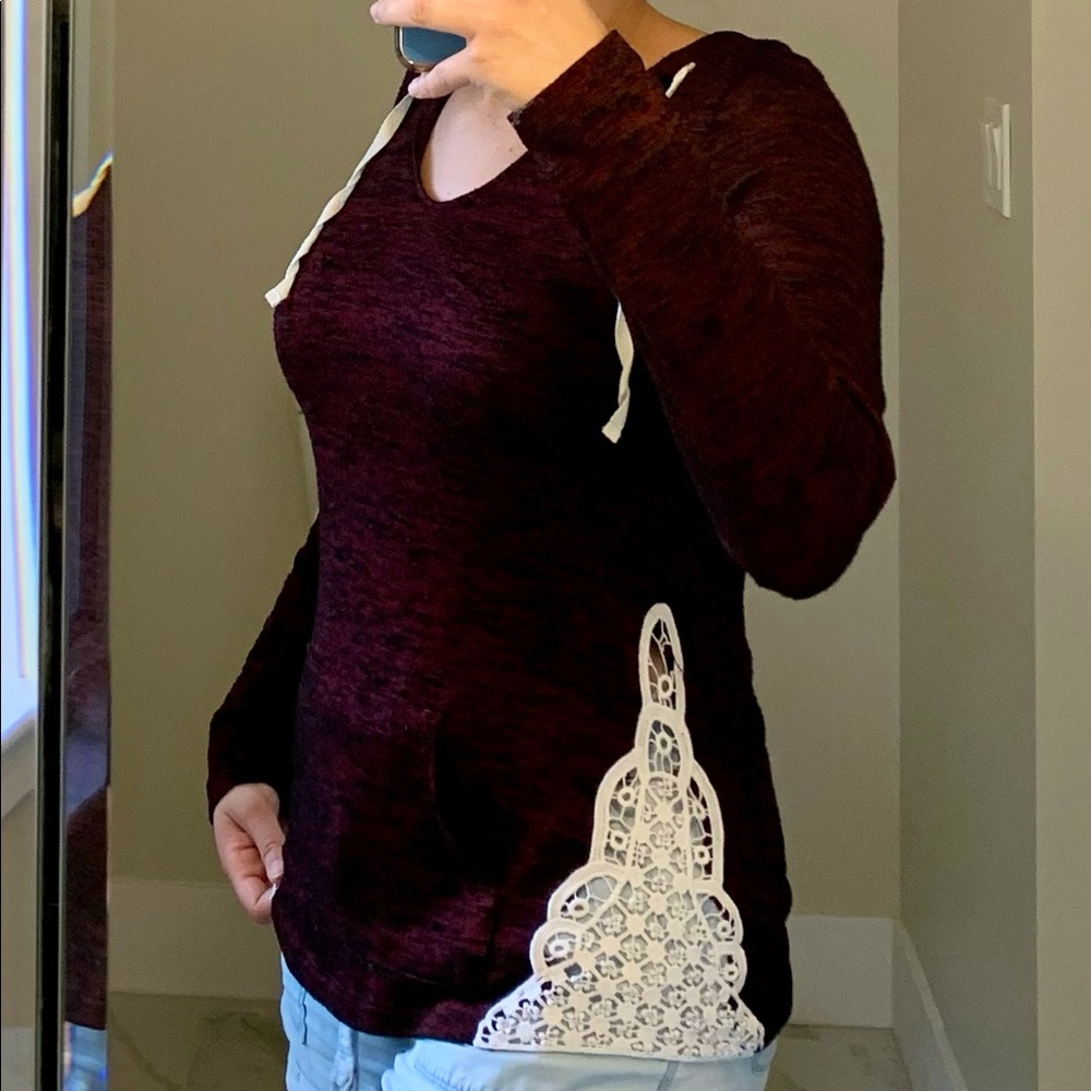 Miss Chievious burgundy pullover hoodie with lace details, size medium